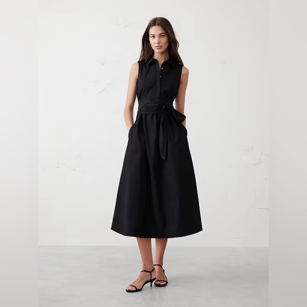 NWT! Banana Republic Black Poplin Cross-Waist Midi Dress - 772828 🖊️